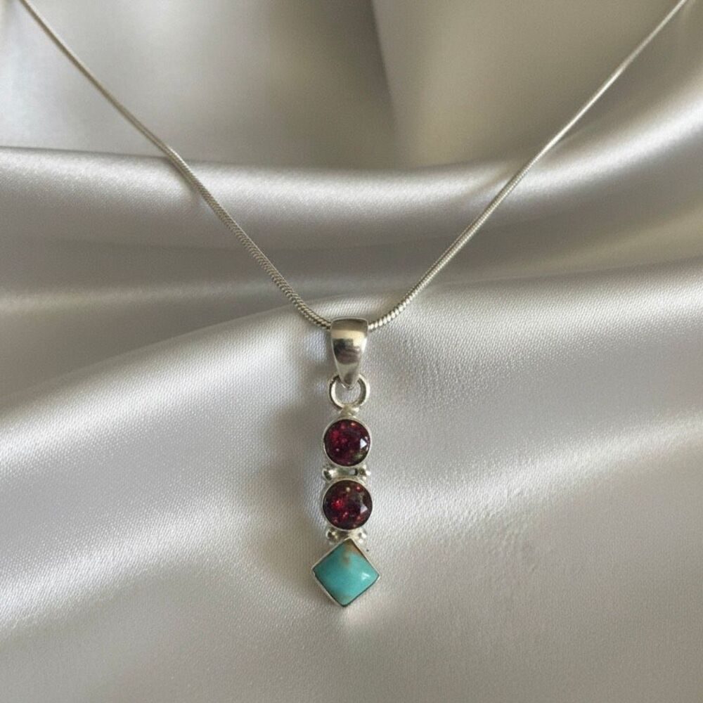 Southwestern Turquoise & Fire Opal Pendant Necklace Sterling Silver 18" Chain